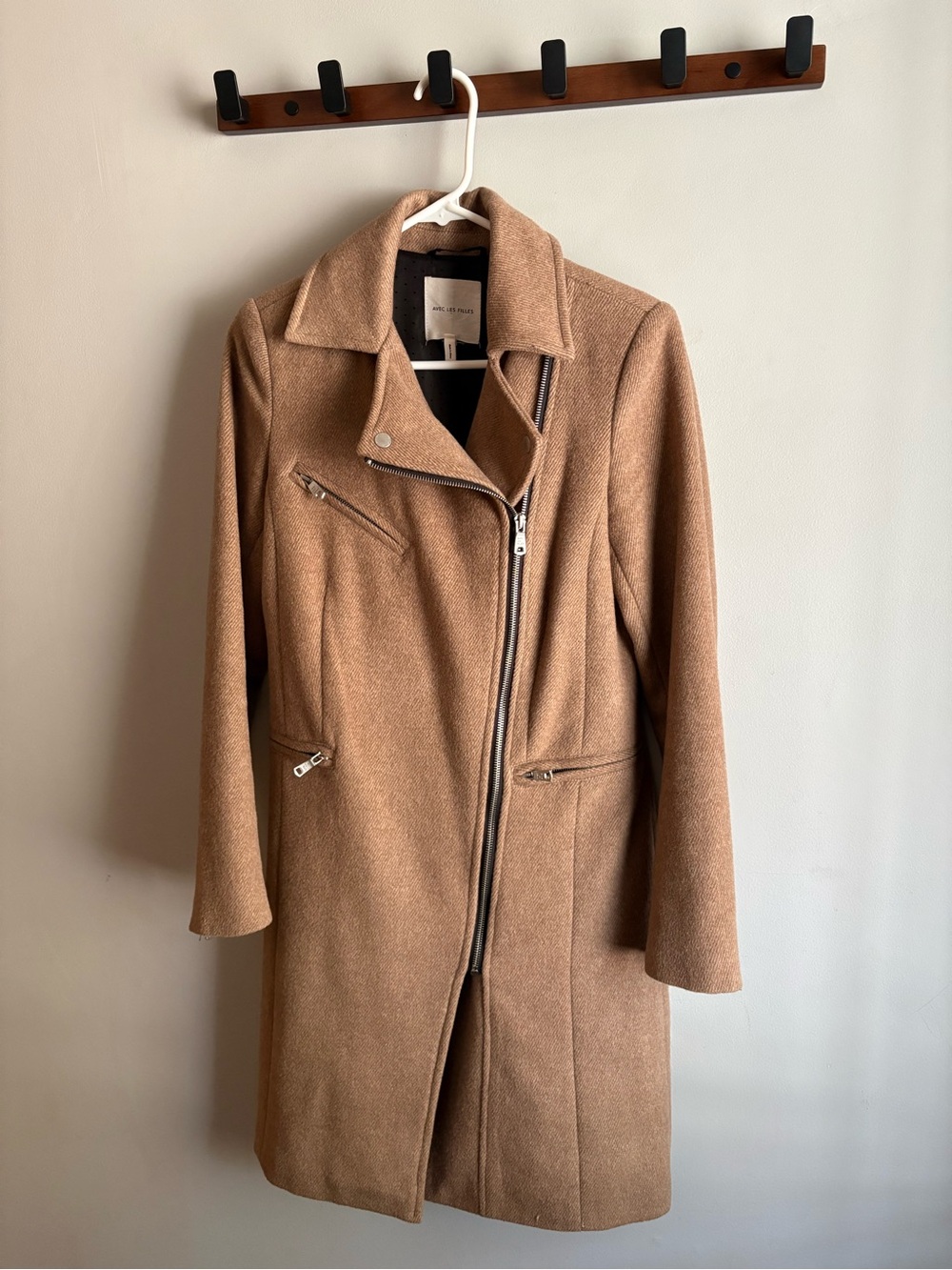 Avec Les Filles Camel Asymmetrical Wool-Blend Trench Coat
